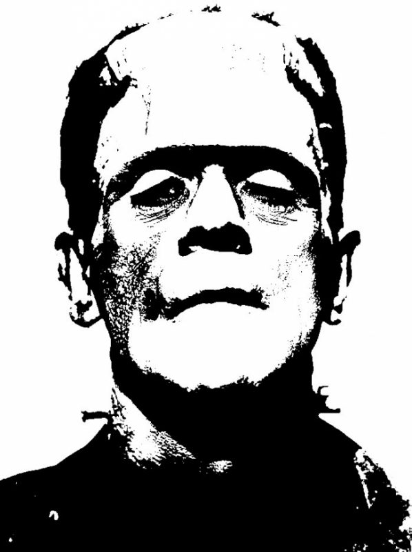 Image depicts a black and white photo of Frankenstein