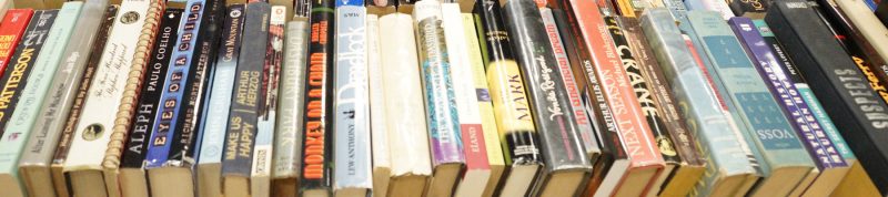 Image depicts the spines of books all lined up on a table