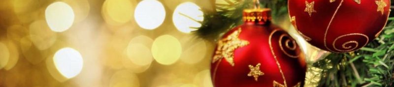 Image depicts Christmas decorations hanging on a Christmas Tree