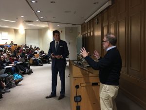 Reporter Steve Paikin of TVO’s 'The Agenda' visits the final session of Tanenhaus's "Trump and the Media" course to discuss politics and journalism careers with students. 