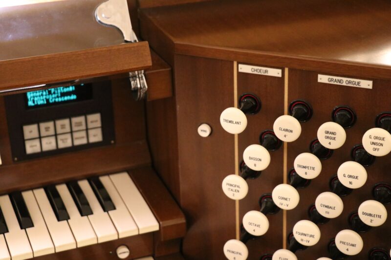 A close view of various keys and knobs on the St. Basil's organ 