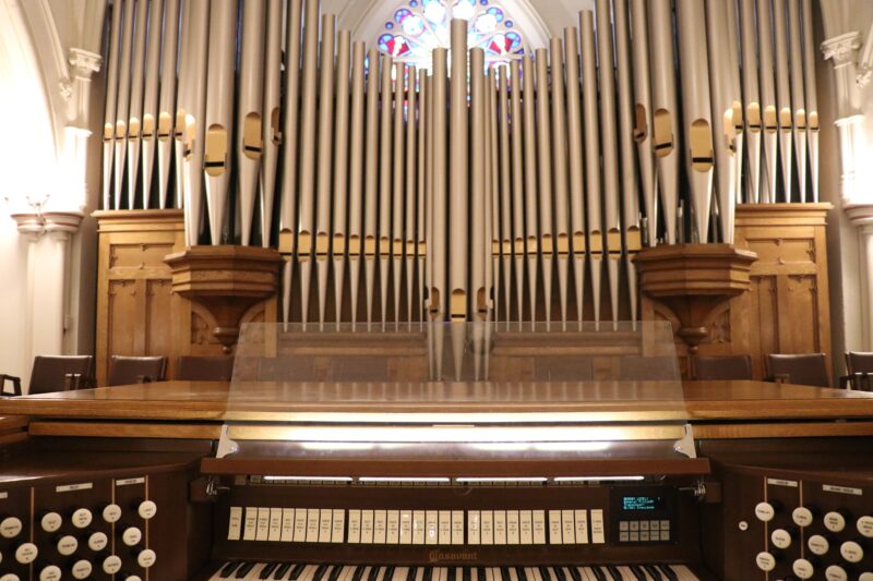 A view of the Casavant Frères organ from behind the keyboard