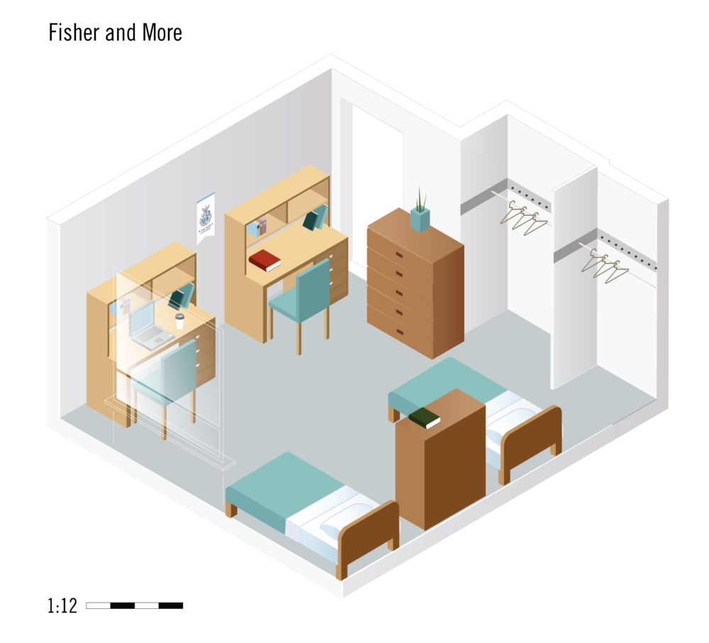 Image depicts a rendering of the inside of a double residence room in Fisher and More house