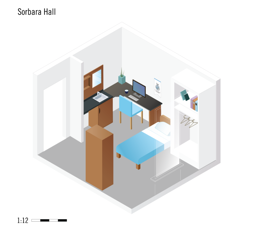 Image depicts a rendering of the inside of a single residence room in Sorbara Hall