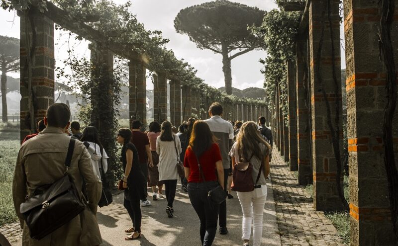 A shot from behind a group of students as they walk between columns strewn with vines in Italy.