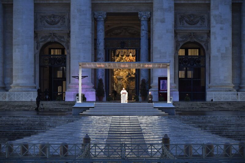 Pope Francis delivering a special Urbi et Orbi blessing to an eerie, empty St. Peter’s Square.