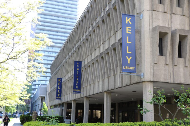 Image depicts the John M. Kelly Library on the St. Michael's campus seen from the building's northeastern corner.