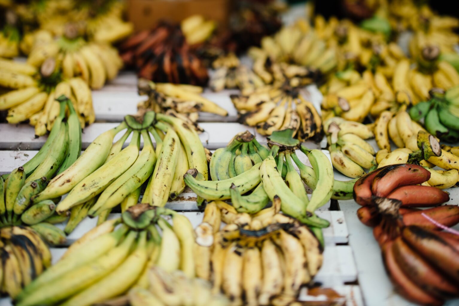 Piles of plantains for sale in an outdoor market in Cote d'Ivoir