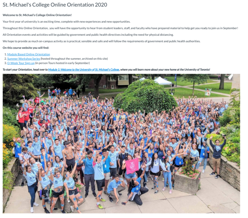 A screenshot of the online orientation portal at St. Mike's includes information listings and a photo of a group of students 
