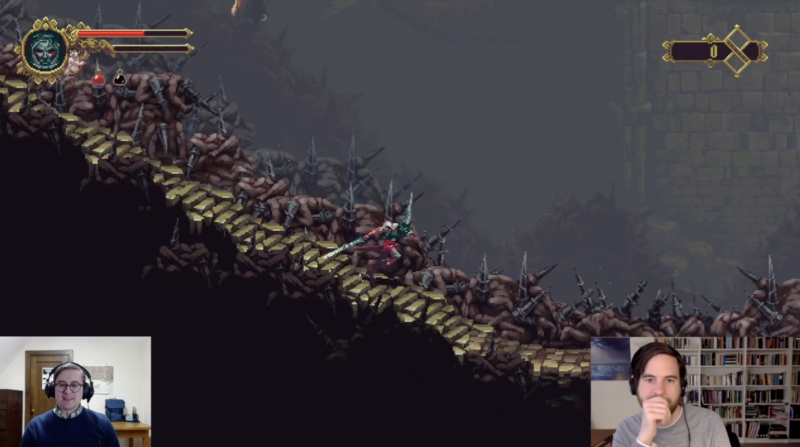 A screenshot from Twitch of the indie game Blasphemous; profs Felan Parker and Stephen Tardif are visible on the lower corners. 