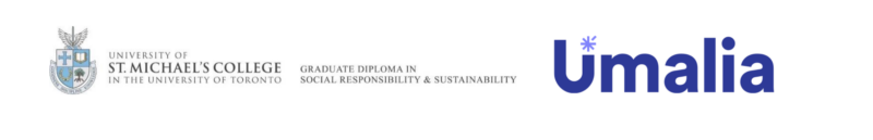 The logos for the Graduate Diploma in Social Responsibility and Sustainability program at St. Michael's and Umalia 