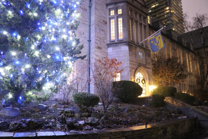 A tree lit up for the holidays next to Brennan Hall 