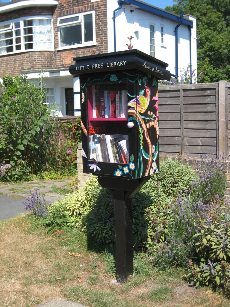 Photograph of a Little Free Library painted with flowers and filled with books