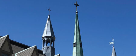 St. Michael's Campus: Odette Hall spires flank St. Basil's church spire