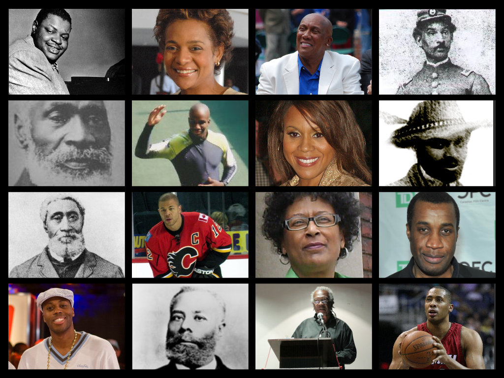 Collage of photographs of prominent Black Canadians. First row, from left: Oscar Peterson, Michaëlle Jean, Ferguson Jenkins, Anderson Ruffin Abbott.
Second row, from left: Josiah Henson, Donovan Bailey, Deborah Cox, Mathieu de Costa.
Third row, from left: William Hall, 
Jarome Iginla, Marlene Jennings, Clement Virgo. Fourth row, from left: Kardinal Offishall, Elijah McCoy, Austin Clarke, Jamaal Magloire.