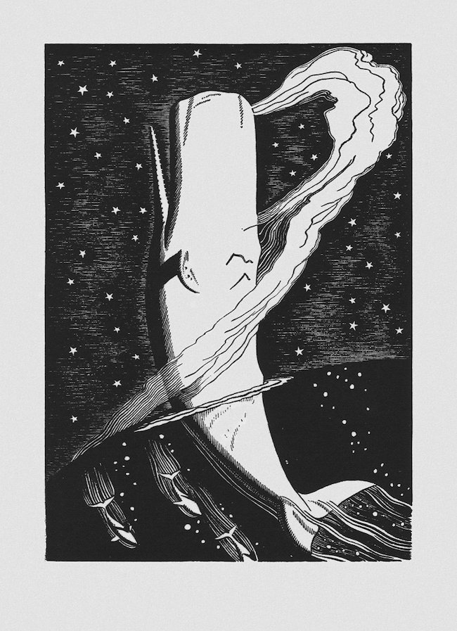 Black and white illustration of the white whale breaching, by Rockwell Kent