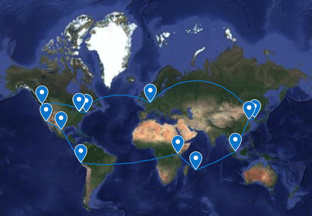 Graphic of a world map with marker icons dropped in Europe, Asia, Africa, South America, and North America and connecting lines, to show Basil's journey.