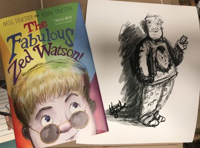 The cover of The Fabulous Zed Watson! next to a drawing of the title character