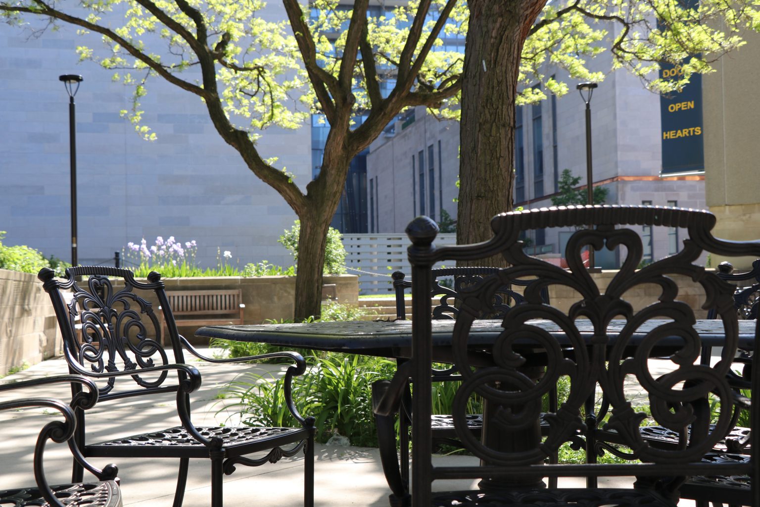 Low angle photograph of the wrought iron chairs and tables in the Brennan Hall Courtyard, with green trees and purple flowers in the background. A banner saying "Open Doors Open Hearts" is visible in the upper right corner.