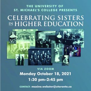 Invitation card for Celebrating Sisters in Higher Education, an online event taking place Monday Oct. 18 2021 from 1:30 to 2:30 p.m. over Zoom