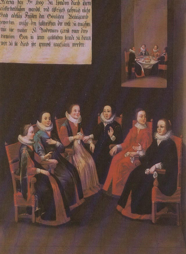 Image from The Painted Life of Mary Ward, the open circle of friends—(right to left) Mary Ward, Winefrid Wigmore, Susanna Rookwood, Catherine Smith, Jane Browne, and Mary Poyntz. Six women are sitting in an open semi-circle in chairs.