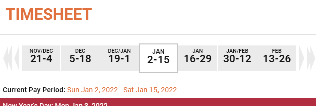 Under the heading Timesheet, a row of date ranges is visible, and Jan 2-15 is selected. 