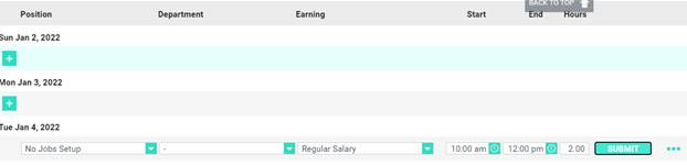 Dates and times have been entered in successive fields on a menu for entering timesheets, with a Submit button visible alongside 