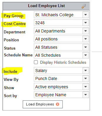 Under the heading Load Employee List, a menu is visible with the drop-down fields Pay Group, Cost Centre, and Include visible. 