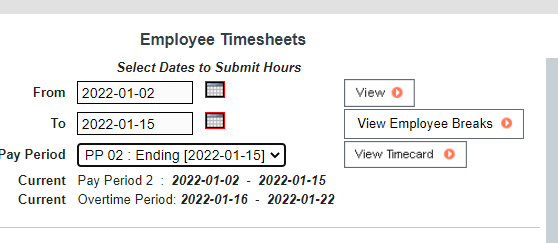Under the heading Employee Timesheets, a menu shows a date range to submit hours, and a pay period. 