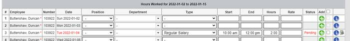 Under the heading Hours Worked for 2022-01-02 to 2022-01-15, a menu with the headings #, Employee, Number, Date, Position, Department, Type, Start, End, Hours, Rate, Status, and Add, with placeholder information visible in some of the fields. 