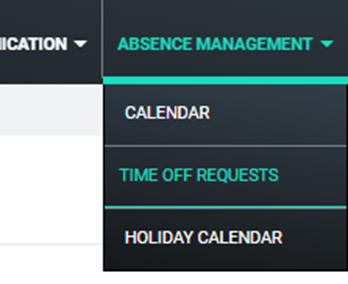 A menu titled Absence Management with the submenu Time Off Requests highlighted below it