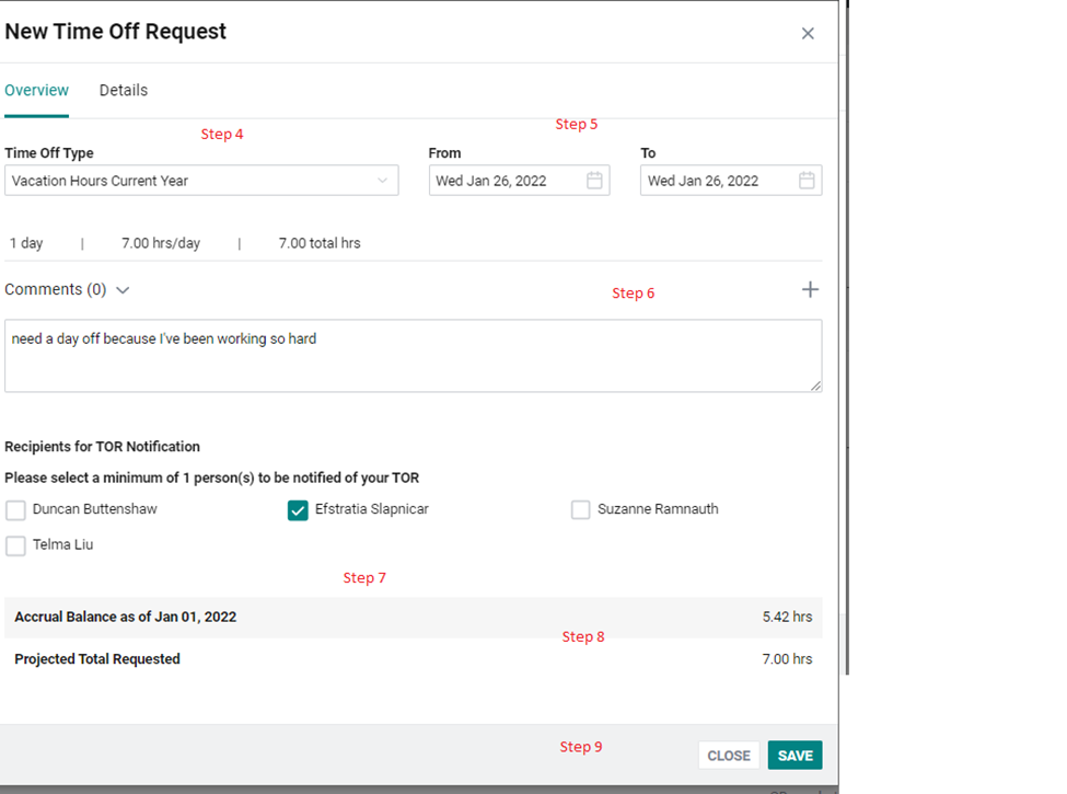 A window titled Time Off Request with an Overview tab highlighted that includes fields for Time Off Type, date range, and Comments, and below, a place to indicate recipients of the time off request, the actual balance of time off available, and the total number of vacation hours requested 