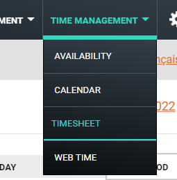 A menu labeled Time Management is open to reveal a sub-menu; within the sub-menu, Timesheet is highlighted 