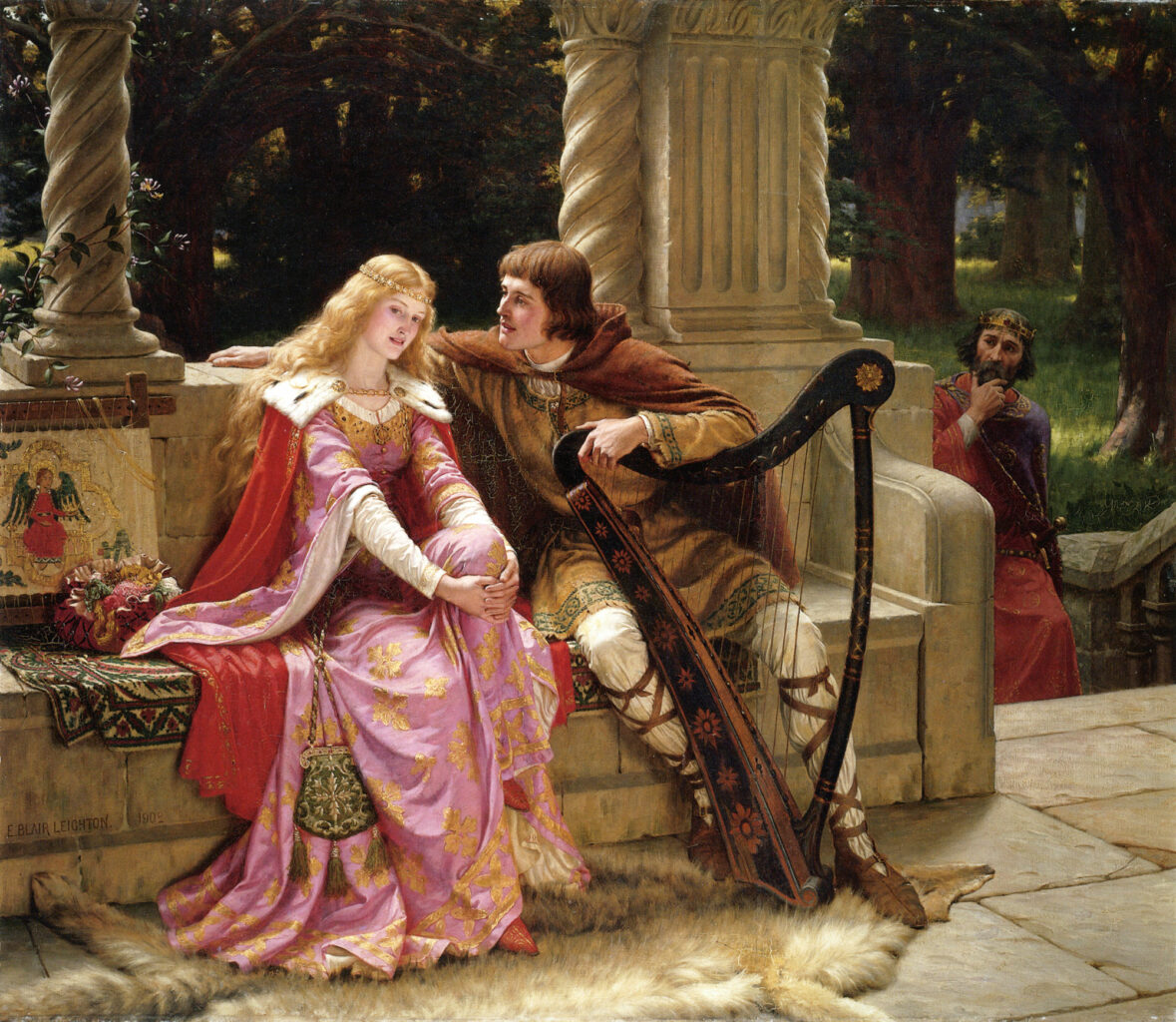 Painting of a woman in medieval dress being spoken to by a man with a harp, sitting on a marble bench outdoors as an older man approaches. 