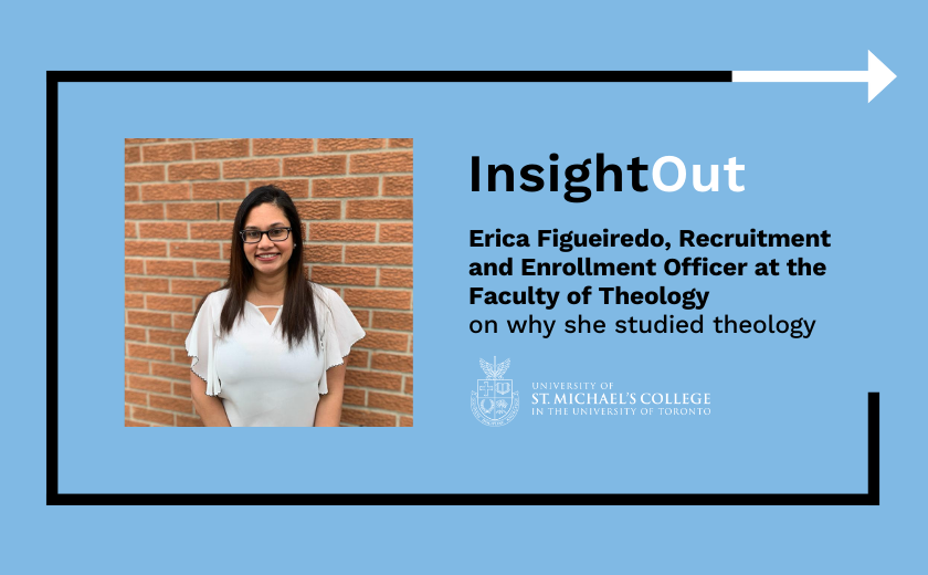 InsightOut features an image with picture of Erica, the interviewee, with a white top and glasses. The title of the article, as well as Erica's name and job title are shown to the left of the picture. Below the description, there is the St. Mike's logo. An arrow border is on the blue background. The around is black and becomes white.