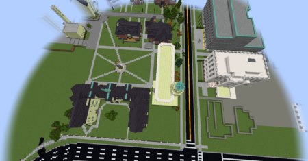 An arial view of St. Mike's campus in Minecraft