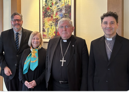L-R: President David Sylvester, Collegium Chair Rosanne Rocchi, USMC Chancellor Cardinal Collins, and Frank Leo, the newly appointed Archbishop of Toronto