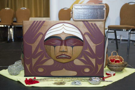 The Bentwood Box travelled to each of the eight national gatherings of the Truth & Reconciliation Commission of Canada. (Image courtesy of the National Centre for Truth and Reconciliation).