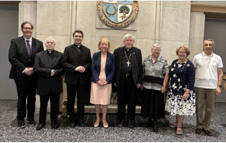 (L-R) St. Mike's president David Sylvester, Fr. Leo Walsh, Archbishop Leo, CCBI Executive Director Moira McQueen, Cardinal Collins, Mary Rowell, CSJ, CCBI Administrator Bambi Rutledge and Fabiano Micoli