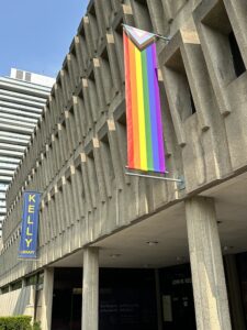 Pride banner hangs at the Kelly Library