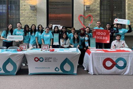 group photo taken at stem cell donation drive organized through the Stem Cell Club.