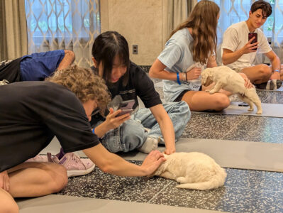 orientees participate in puppy yoga