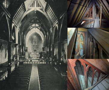 Photo depicting the interior of St. Basil's Church including the original open timber roof