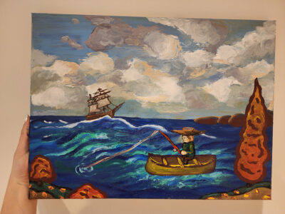 Art work with the ships going across the water is from Joanna Mirri, a grade 10 student from Newtonbrook Secondary School. Joanna won the Secondary School Honourable Mention.